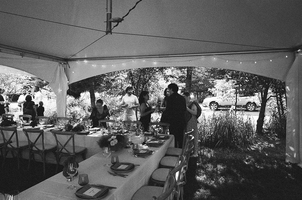 Chloe and Edward’s intimate backyard-style wedding celebration at Un Momento Bromont, photographed on film by R.K. Collective